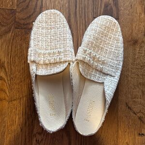 Elegant Cream Tweed Loafers with Pearl Detail
